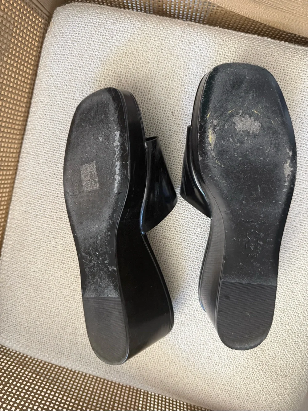 Tory Burch Black Patent Wedge Slide Sandals with Silver Logo